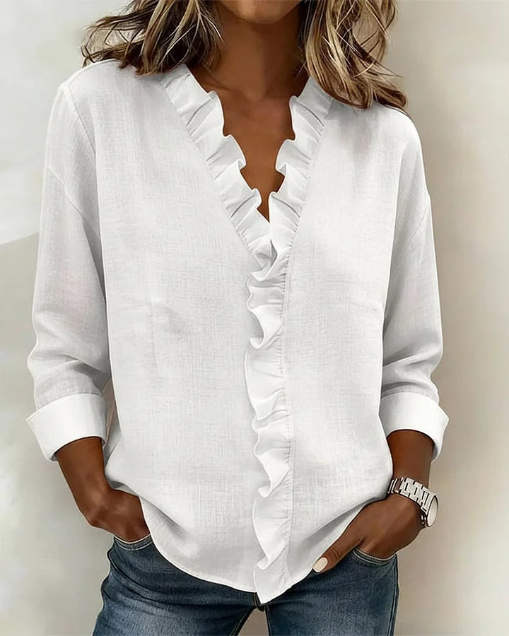 Luna Blouse with Ruffles, V-Neck and Long Sleeves