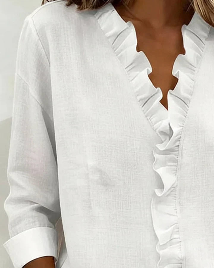 Luna Blouse with Ruffles, V-Neck and Long Sleeves