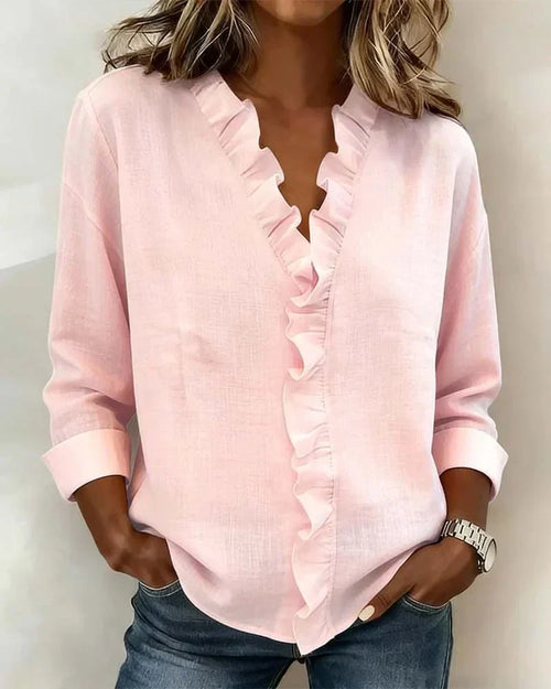 Luna Blouse with Ruffles, V-Neck and Long Sleeves