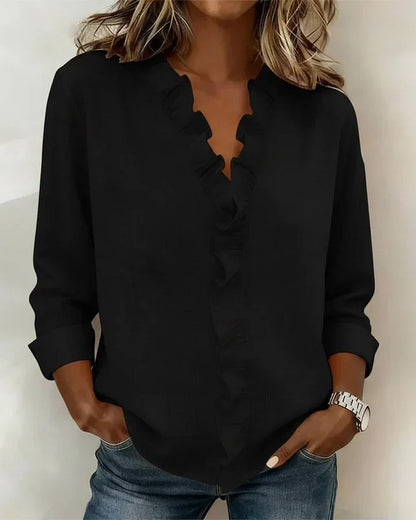 Luna Blouse with Ruffles, V-Neck and Long Sleeves