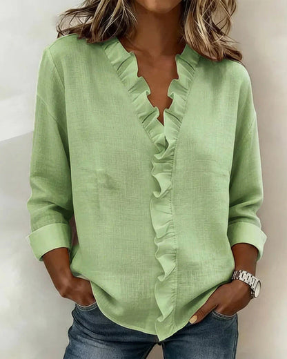 Luna Blouse with Ruffles, V-Neck and Long Sleeves