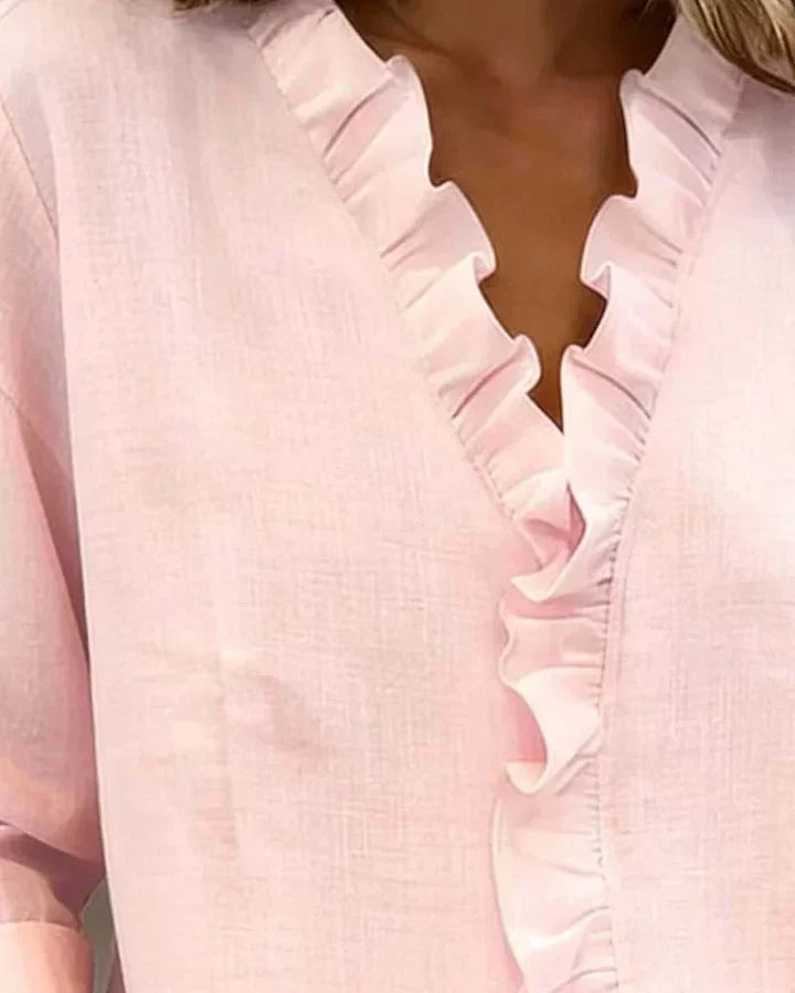 Luna Blouse with Ruffles, V-Neck and Long Sleeves