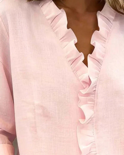 Luna Blouse with Ruffles, V-Neck and Long Sleeves