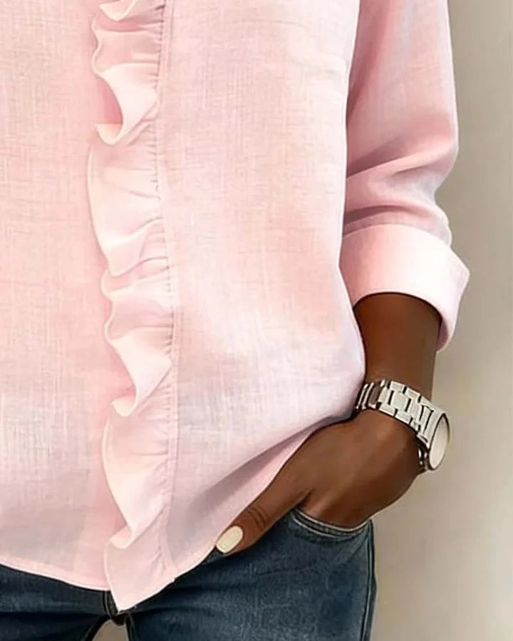Luna Blouse with Ruffles, V-Neck and Long Sleeves
