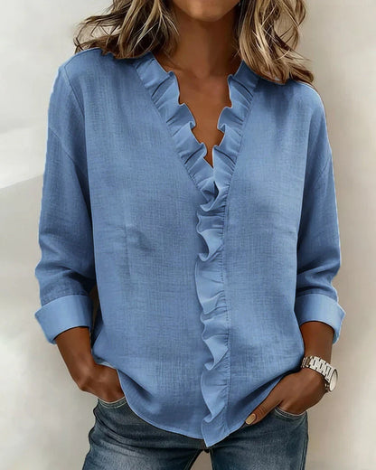 Luna Blouse with Ruffles, V-Neck and Long Sleeves