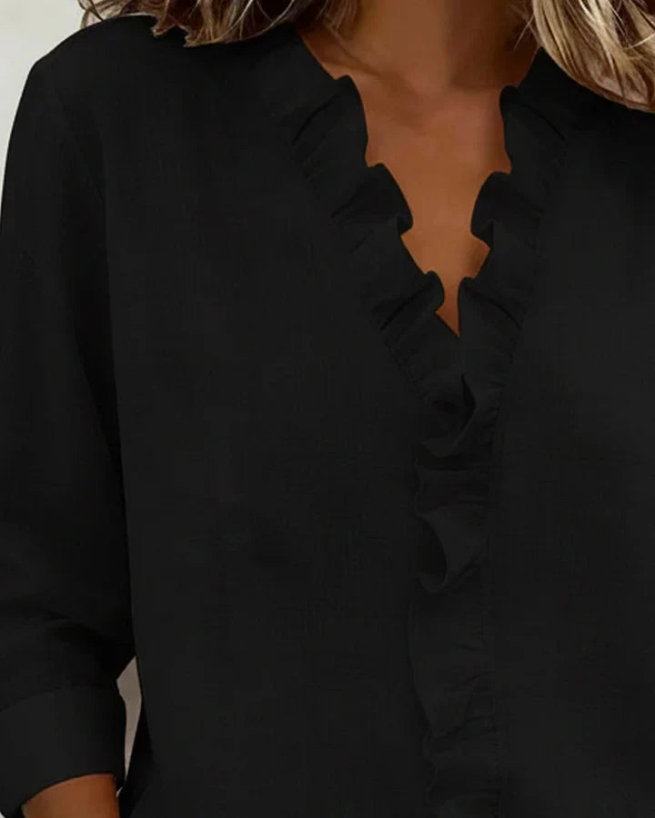Luna Blouse with Ruffles, V-Neck and Long Sleeves